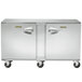 A large stainless steel Traulsen undercounter freezer with left and right hinged doors.