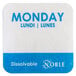 A white and blue square food label with the word "Monday" in blue.