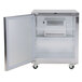 A silver Traulsen undercounter refrigerator with a left hinged door open.