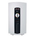 A white Stiebel Eltron tankless water heater with a black box and dial on it.