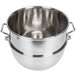 A silver stainless steel Vollrath bowl with two handles.