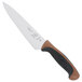 A Mercer Culinary Millennia Colors chef knife with a brown handle.