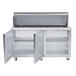 A stainless steel Traulsen refrigerated counter with two left hinged doors and shelves.