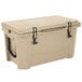 A tan Grizzly cooler with black handles.