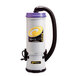 A ProTeam vacuum cleaner with a white container and yellow logo, purple and yellow label, and black hose.