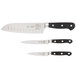A group of Mercer Culinary Renaissance knives with black handles and white blades.