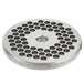 A circular stainless steel Hobart grinder plate with holes in it.