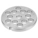 A stainless steel Hobart #22 grinder plate with circular holes.