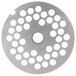 A stainless steel circular grinder plate with holes.