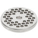 A stainless steel Hobart #12 meat grinder plate with 1/4" holes.