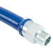 A blue gas connector pipe with a metal nut.
