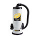 A ProTeam backpack vacuum with a black hose and white handle.