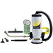 A white ProTeam backpack vacuum with yellow and black accessories.
