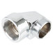 A chrome plated silver metal 90 degree elbow pipe fitting.
