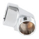 A silver metal pipe fitting with a 90 degree angle.
