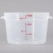 A translucent plastic Cambro food storage container with red measurements on it.