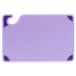 A purple plastic San Jamar cutting board with purple corners.