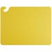 A yellow rectangular San Jamar cutting board with a yellow handle.