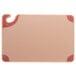 A brown San Jamar plastic cutting board with a red edge and hook.