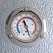 The temperature gauge on the metal surface of a Kolpak walk-in freezer.