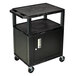 A black metal Luxor cart with a locking cabinet and shelf.