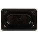 A black rectangular Vollrath plastic food pan with a hole in it.