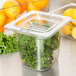 A Vollrath 1/6 size clear polycarbonate food pan filled with kale.