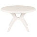 A white round Grosfillex Ibiza pedestal table with a round top and two legs.