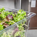A Vollrath clear polycarbonate food pan filled with red and green lettuce leaves.