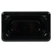 A black rectangular plastic food pan with a rectangular shape.