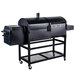 A black Backyard Pro portable outdoor gas and charcoal grill on wheels.