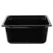 A black rectangular Vollrath plastic food pan.