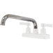 A chrome faucet spout with white background.