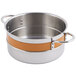 A Bon Chef stainless steel steam table pot with orange handles.