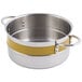 A Bon Chef yellow stainless steel pot with riveted handles.