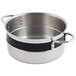 A silver stainless steel Bon Chef pot with black riveted handles.