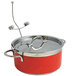 A red and silver Bon Chef Classic Country French saute pan with a lid held in a metal stand.