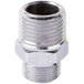 A T&amp;S stainless steel male fitting adapter with silver metal pipe connections.
