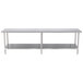 A long silver metal Advance Tabco work table with stainless steel shelves.