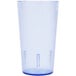 A clear plastic Cambro tumbler with a slate blue lid.