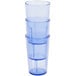 A stack of blue plastic Cambro tumblers.