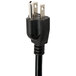 A black power cord with a white electrical plug with silver tips.