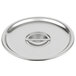 A silver round stainless steel lid with a handle.