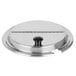 A Vollrath stainless steel round hinged lid with a black handle.