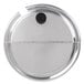 A round stainless steel Vollrath hinged cover with a black button.