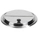 A Vollrath stainless steel hinged lid with a black handle.