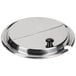 A Vollrath stainless steel hinged lid with a black handle.