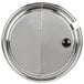 A close-up of a round stainless steel Vollrath hinged cover.