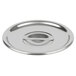 A Vollrath stainless steel round lid with a handle.