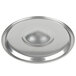 A close-up of a silver round Vollrath stainless steel Bain Marie lid.